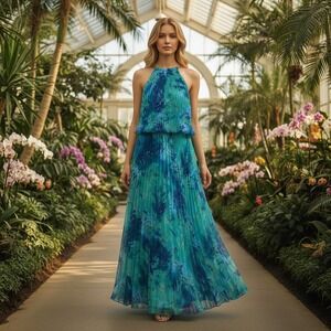 Xscape Maxi Dress Womens 6 Blue Green Pleated Halter Floral Gown Y2K